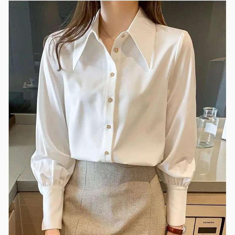 Women Chiffon Shirt Korean Elegant New White Turn Down Collar Female Blouse Summer Fashion Button Office Long Sleeve Ladies Tops