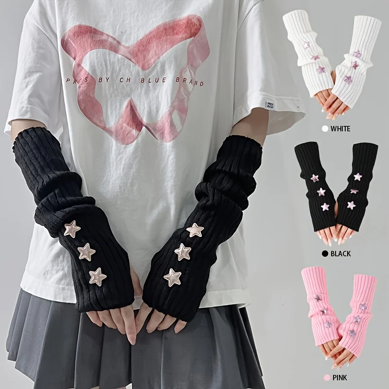 Winter Gloves ,1 Pair of Ladies' Fingerless Gloves with Star Decoration White/black/pink Machine Washable Accessory Gloves view 2