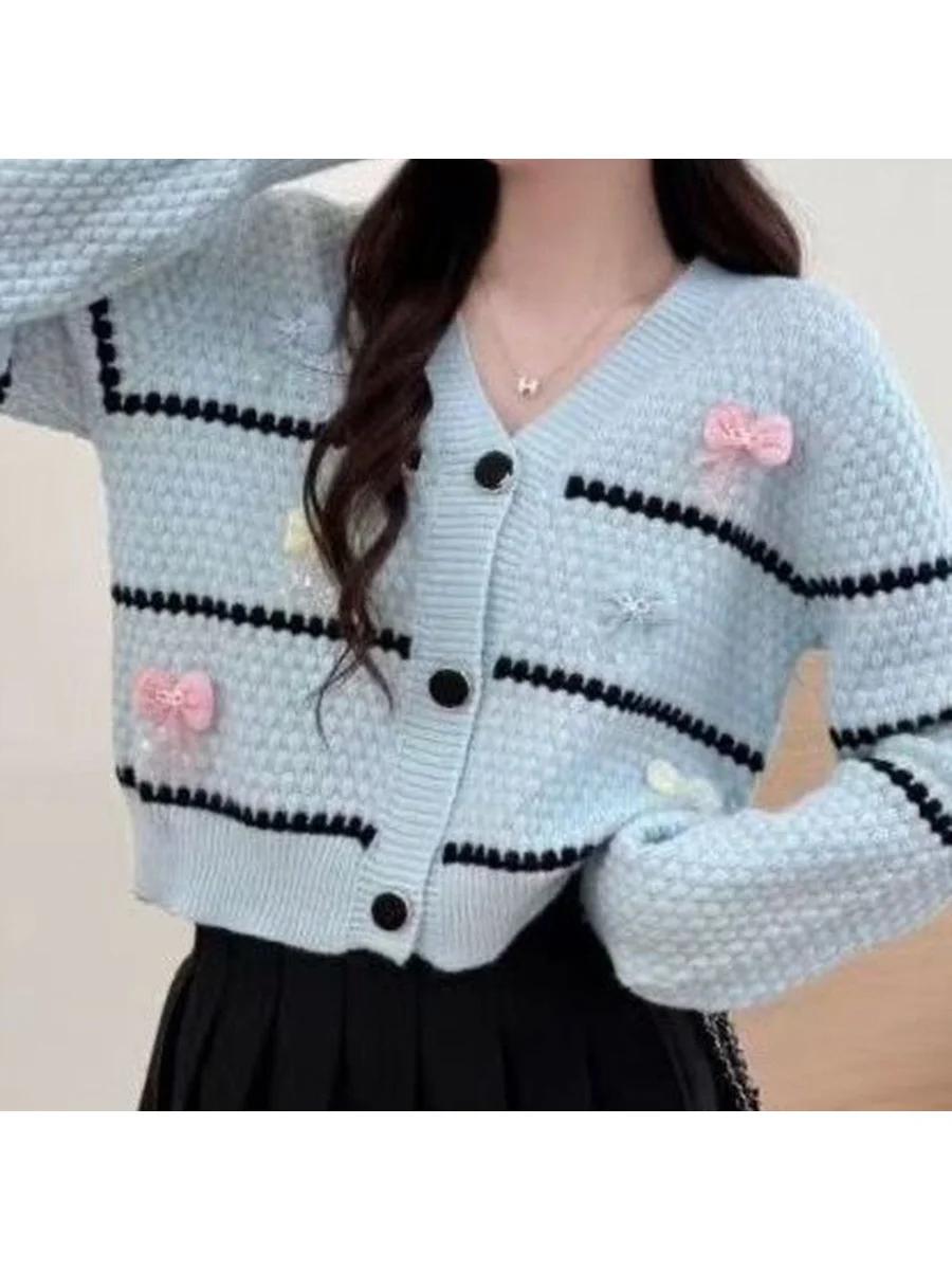 Color Block Striped Knitted Short Cardigan Women's V Neck Button Sweater Slimming Versatile Top Autumn Winter New Outerwear