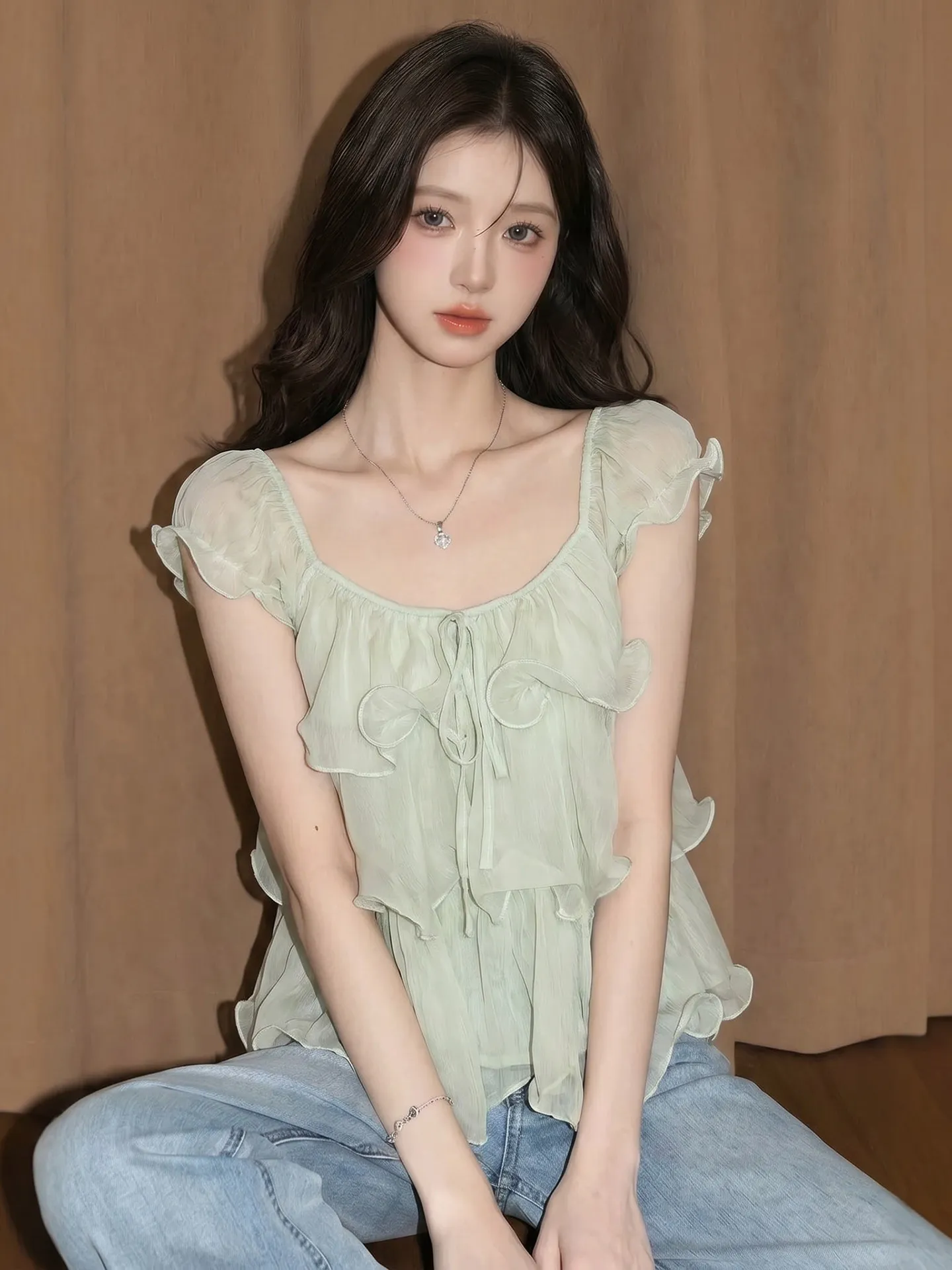 

Mint Green Short Sleeve Women's Summer Shirt Doll Style Dopaamine Bright Beautiful Fairylike Chiffon Blouse French Style Loos...