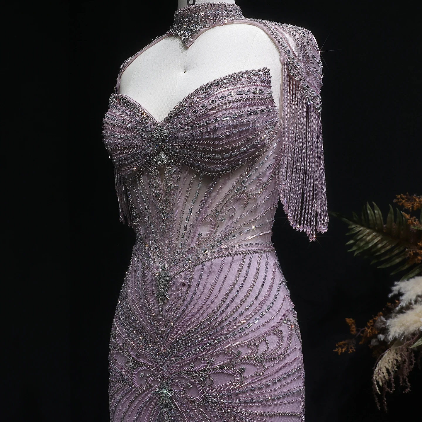 Sharon Said Elegantes Champagner-Meerjungfrauenkleid mit Cape-Ärmeln, Kristallperlen, Blaues Hochzeitskleid, SS021, Maßanfertigung – Detail 37