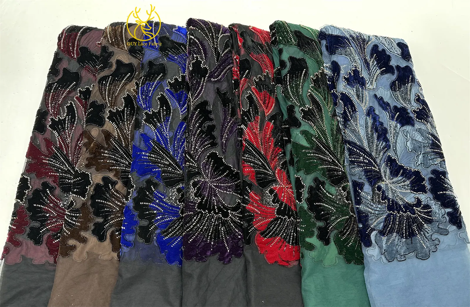 Latest Design African French Velvet Beaded Lace Fabric Nigerian Sequins Embroidery Mesh Lace Fabric Ladies Wedding Dress Sewing