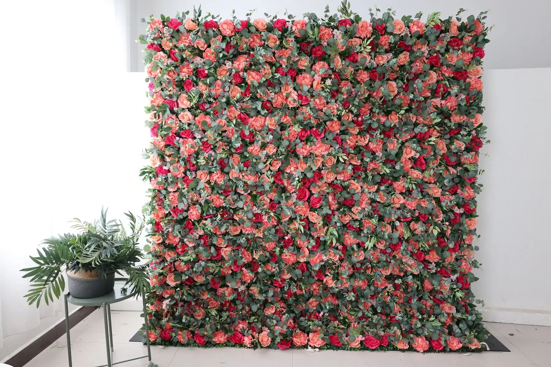 

3D Royal Series Red rose green leaves mixed flower wall Arrangement Wedding Backdrop Deco Hanging Fabric Plant Wall