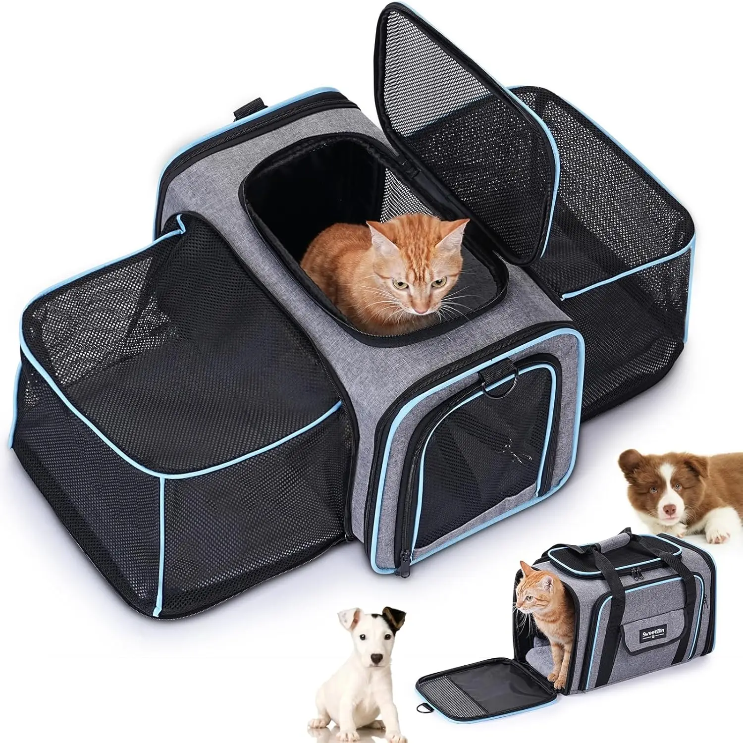 

2 Sides Travel Expandable Pet Carrier Bag Large Airline Approved Soft-Sided Cat Carrier with Pad & Pocket & Removable Shoulder