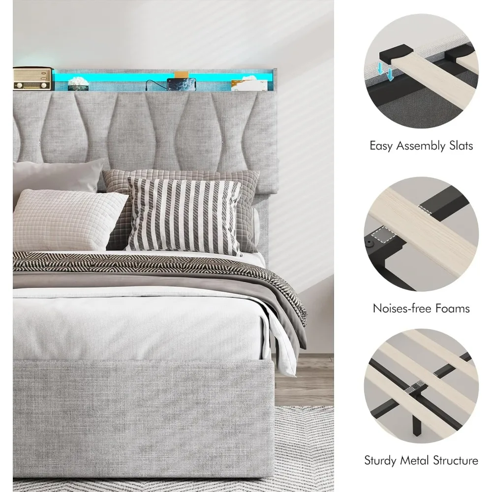 إطار سرير تخزين قابل للرفع مع لوح رأسي قابل للتعديل، محطة شحن، أضواء LED، شرائح خشبية، خالية من الضوضاء، بدون صندوق زنبركي