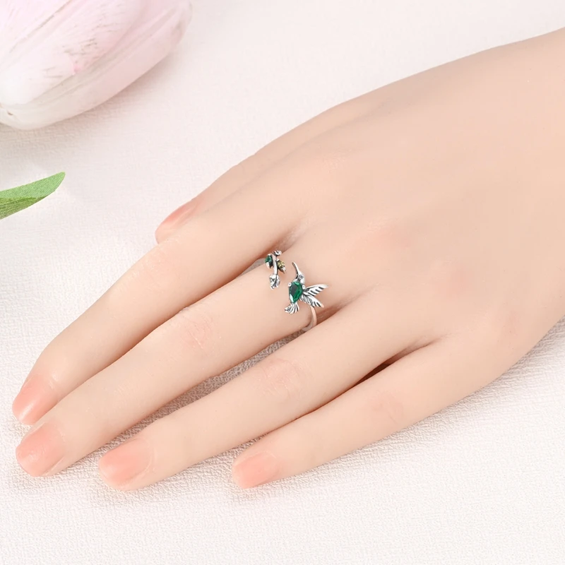 925 Sterling Silver Finger Ring Adjustable Tulip Hummingbird Green Zircon Open Ring For Woman Jewelry Fit Party