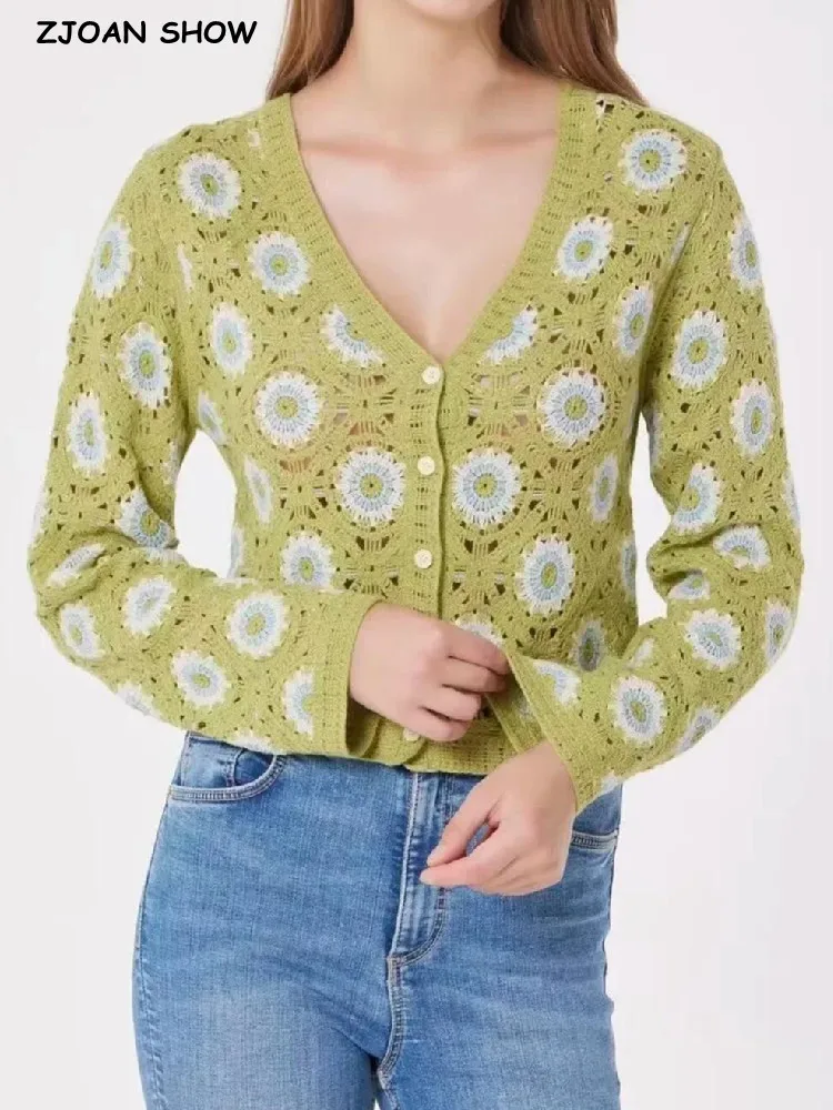 2022 BOHO Geometric Hollow Out Crochet Cardigan Woman V neck Full sleeve Crop Sweater Center Buttons Knitwear Jumper Holiday