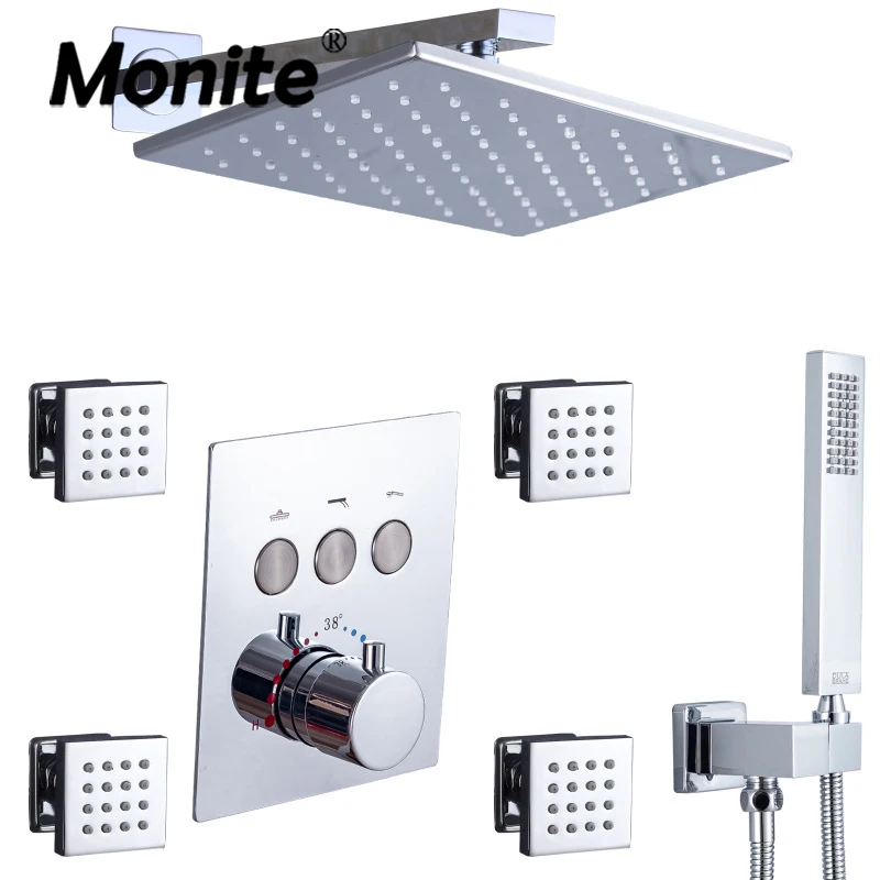 

Monite Rainfall Shower Faucet Set Chrome Thermostatic LED Shower System Concealed Install Shower Faucets W/ SPA Massage Jets