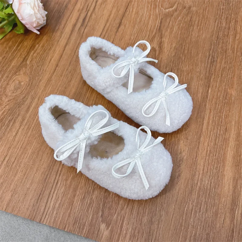 2024 Winter New Children Flats Fashion Double Bowknot Fur Cover Toe Warm Kids Casual Shoe Plush Warm Non-slip Mary Jane Shoes