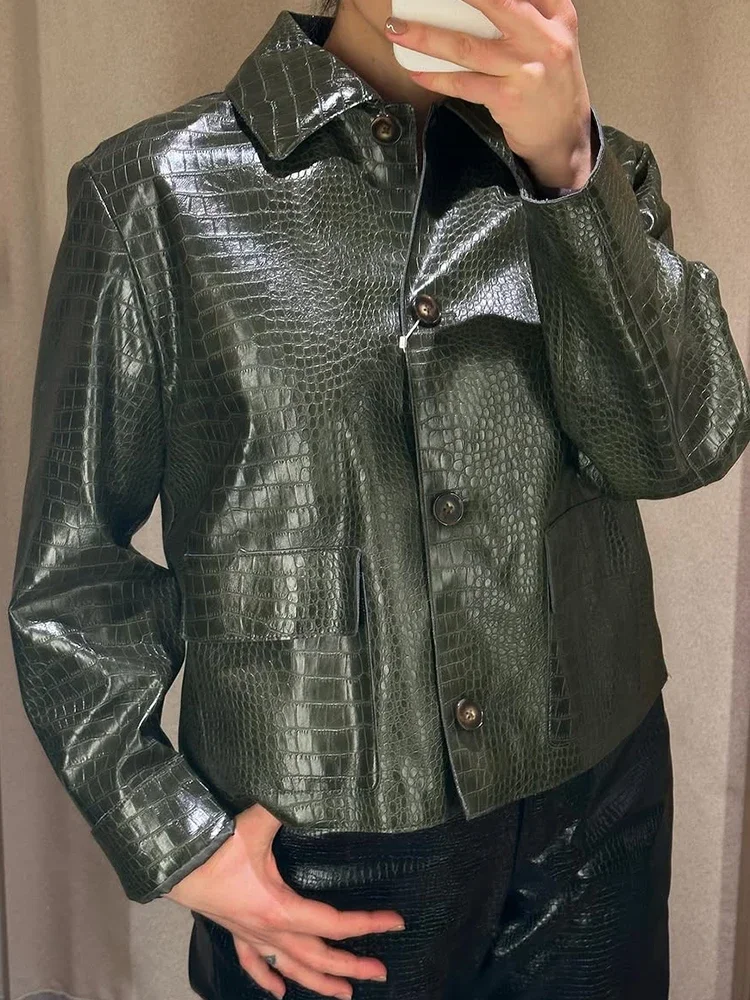 Turn-down Collar PU Leather Women Jacket Single Breasted Long Sleeve Loose High Street Spring Autumn Casual Female Outwear 2026