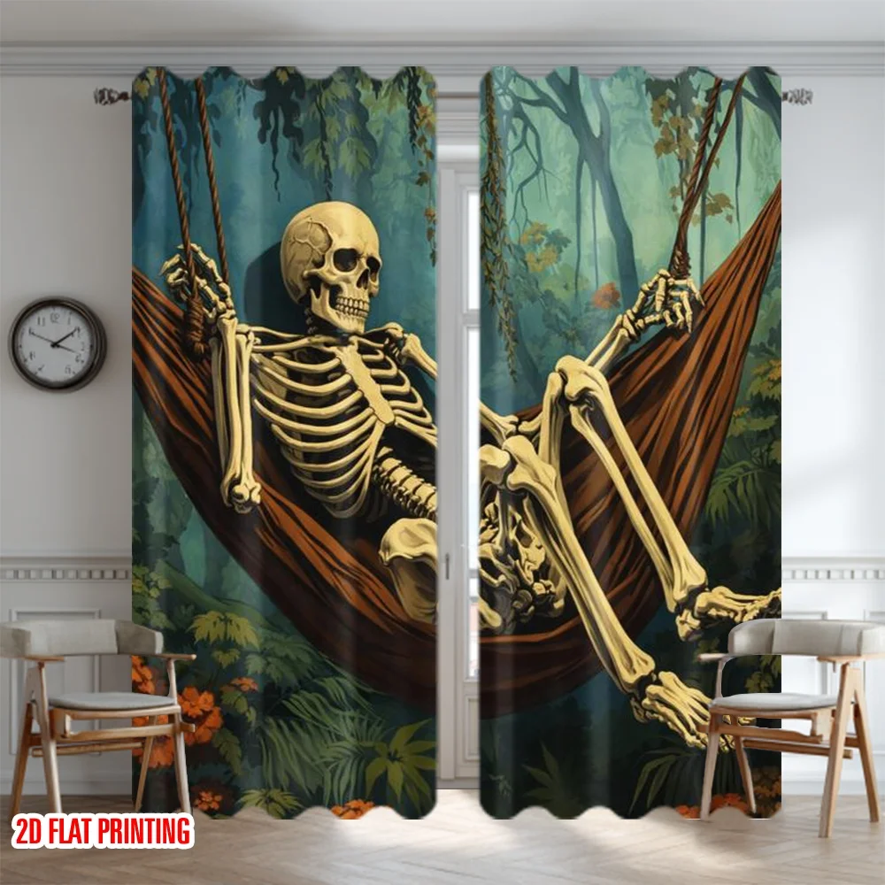 2D flat printing 2pcs Curtain Party Curtains Halloween Skeleton Relaxing Digital Printed Polyester Drapes Family Party Perfect