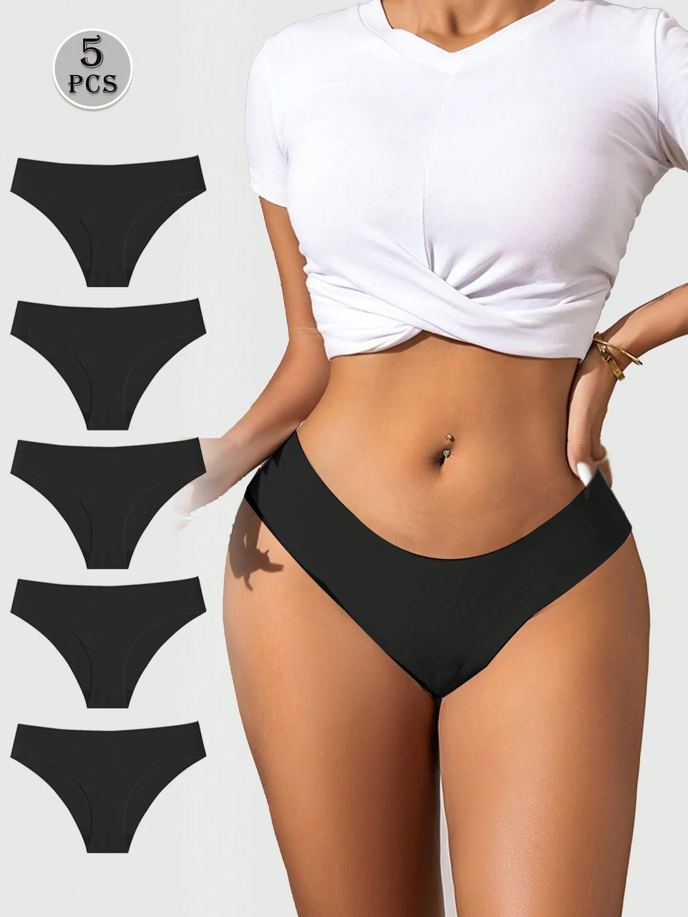 Paquete de 5 bragas sin costuras de cintura baja para mujer - Sensación de seda helada suave, color negro liso