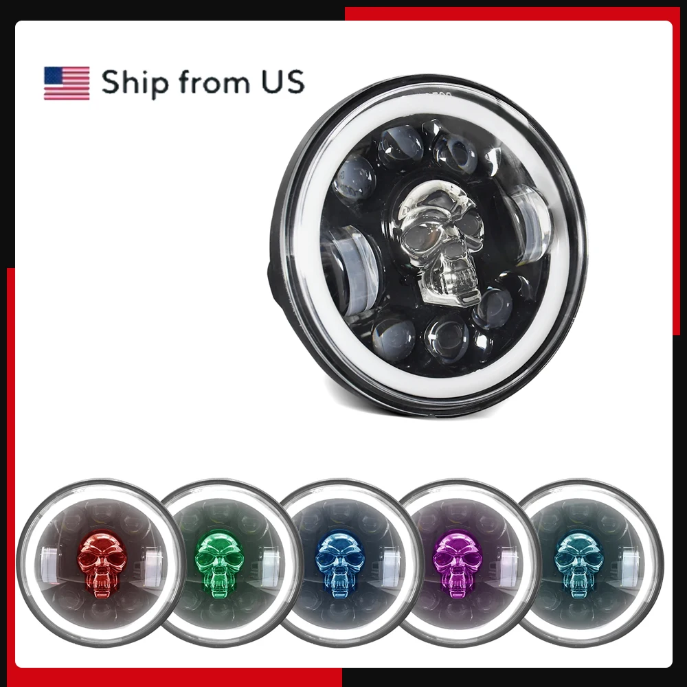 

1Pcs 5.75 inch Motorcycle LED Headlight Skull Pattern LED Headlight with High/Low Beam Turn Signal DRL Colorful Angle Eye Light