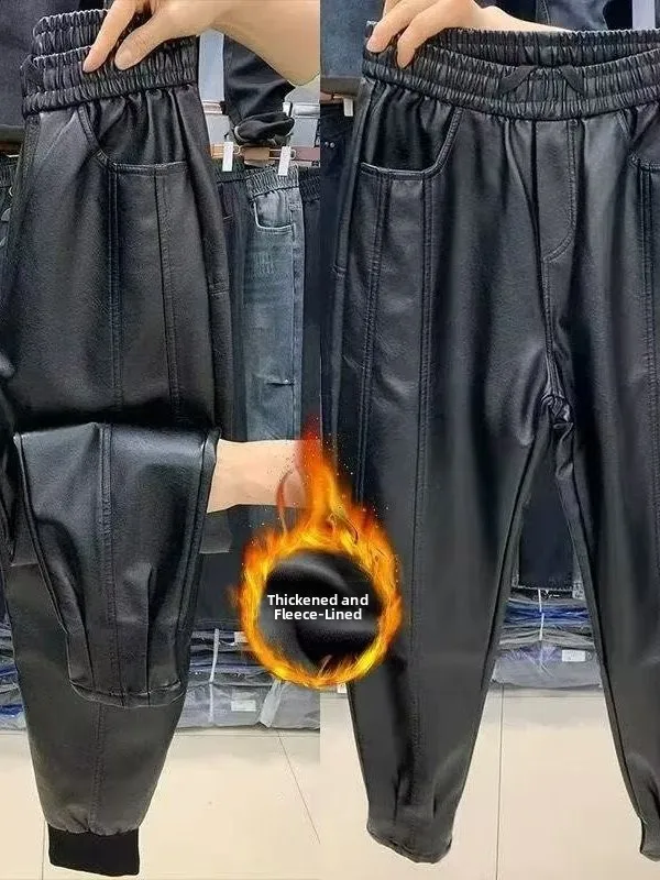 

Thiened Fce кожаные брюки для мужчин осень-зима мотоциклетные ветрозащитные теплые повседневные длинные брюки молодежные