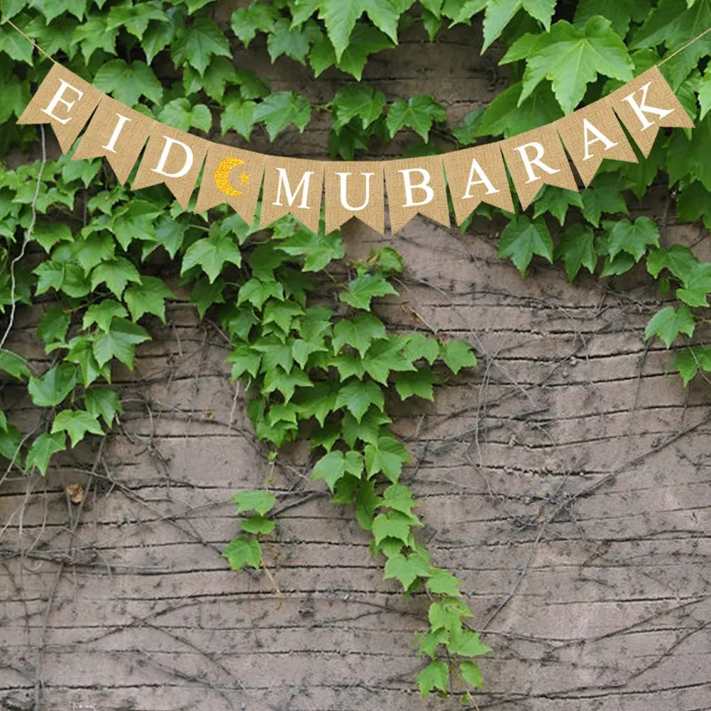 

Muslim Ramadan Bunting Banner Eid Mubarak Burlap Linen Swallowtail Flag Party Decoration Indoor Outdoor Ramadan Banner Pull Flag