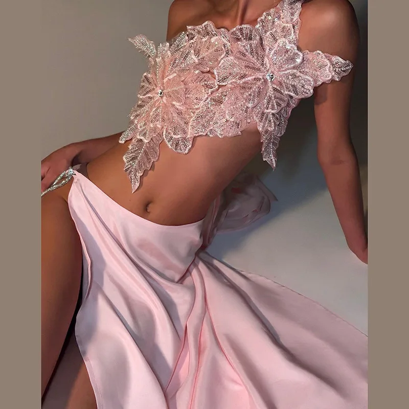 

Sequins Floral Long Skirt Two Pieces Set Women's Elegant White Lace Up Glitter Tops Skirts Fashion Outfit Sets Hipster 2025 New