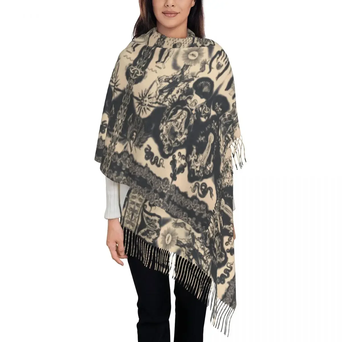 Beige Tattoo J-Jeans Printed Scarf Unisex Mary P-Pauls Scarves Wraps with Long Tassel Winter y2k Shawl Wrap Custom DIY Bufanda