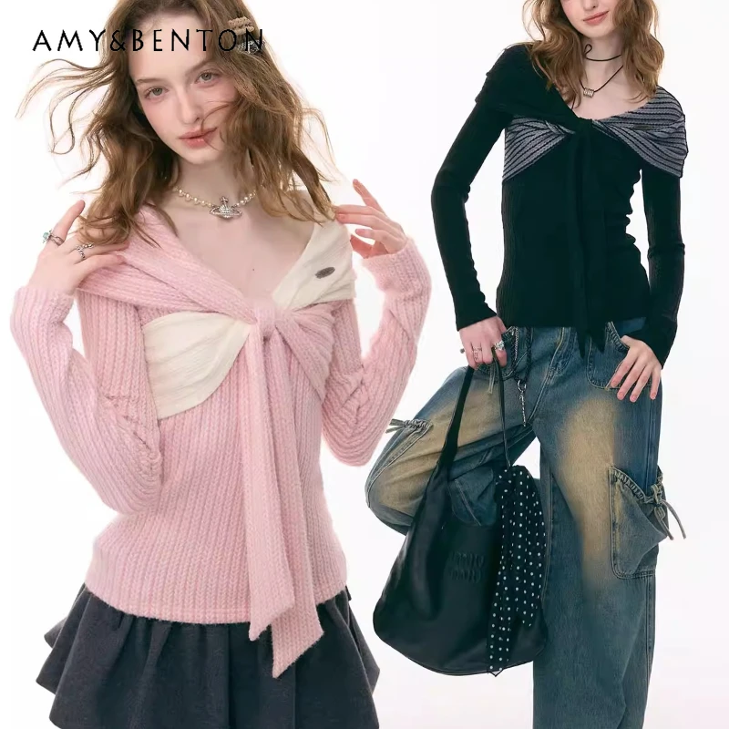 

French Design Irregular Twisted Bow Women's Top 2026 Spring New Sweet Cute Versatile Long Sleeve Pullover Knitted Sweater Ladies