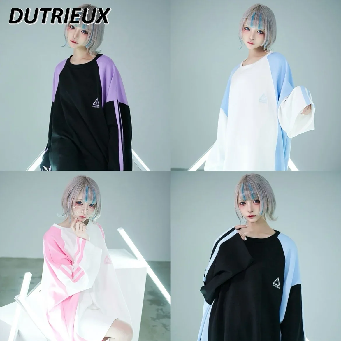 일본 광산 색상 매칭 스포츠 티셔츠 드레스 봄과 가을 새로운 달콤한 소녀 라운드 넥 긴 소매 중간 길이 풀오버