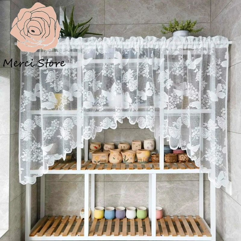 

White Embroidered Butterfly Sheer Roman Short Curtains for Living Room French Romantic Kitchen Small Window Half Curtain Drapery