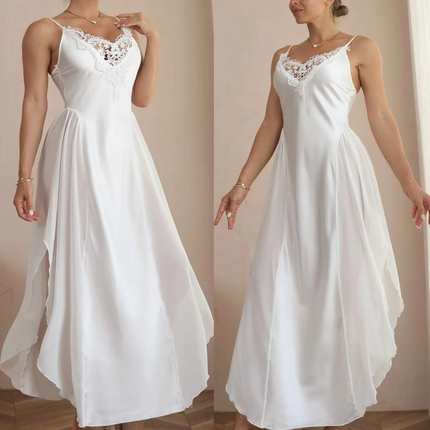 

Sexy Lace Lingerie Long Nightgown Women's Chemise Sleepwear Home Dress Summer New Silky Satin Nightdress Underwear Loungewear