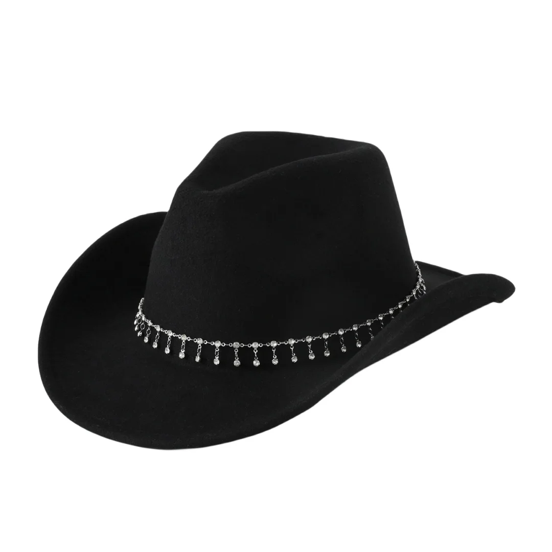 1PCS Fashion Rhinestone Tassel Necklace Western cowboy hat, yuppie gentleman style wool men's and women's jazz hat Woolen sunscr