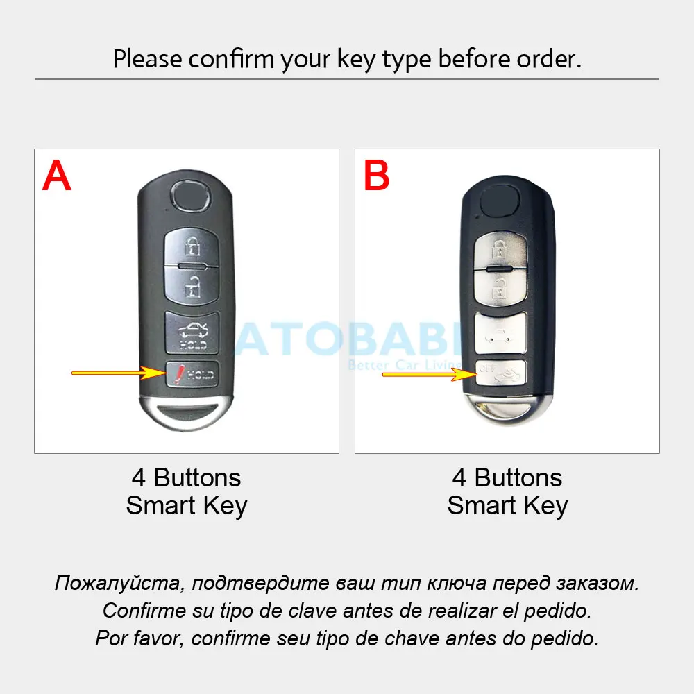 ATOBABI Leather Car Key Case Keychain For Mazda 3 6 CX-5 CX-7 CX-9 MX-5 MIATA 4 Buttons Smart Keyless Remote Fob Protector Cover