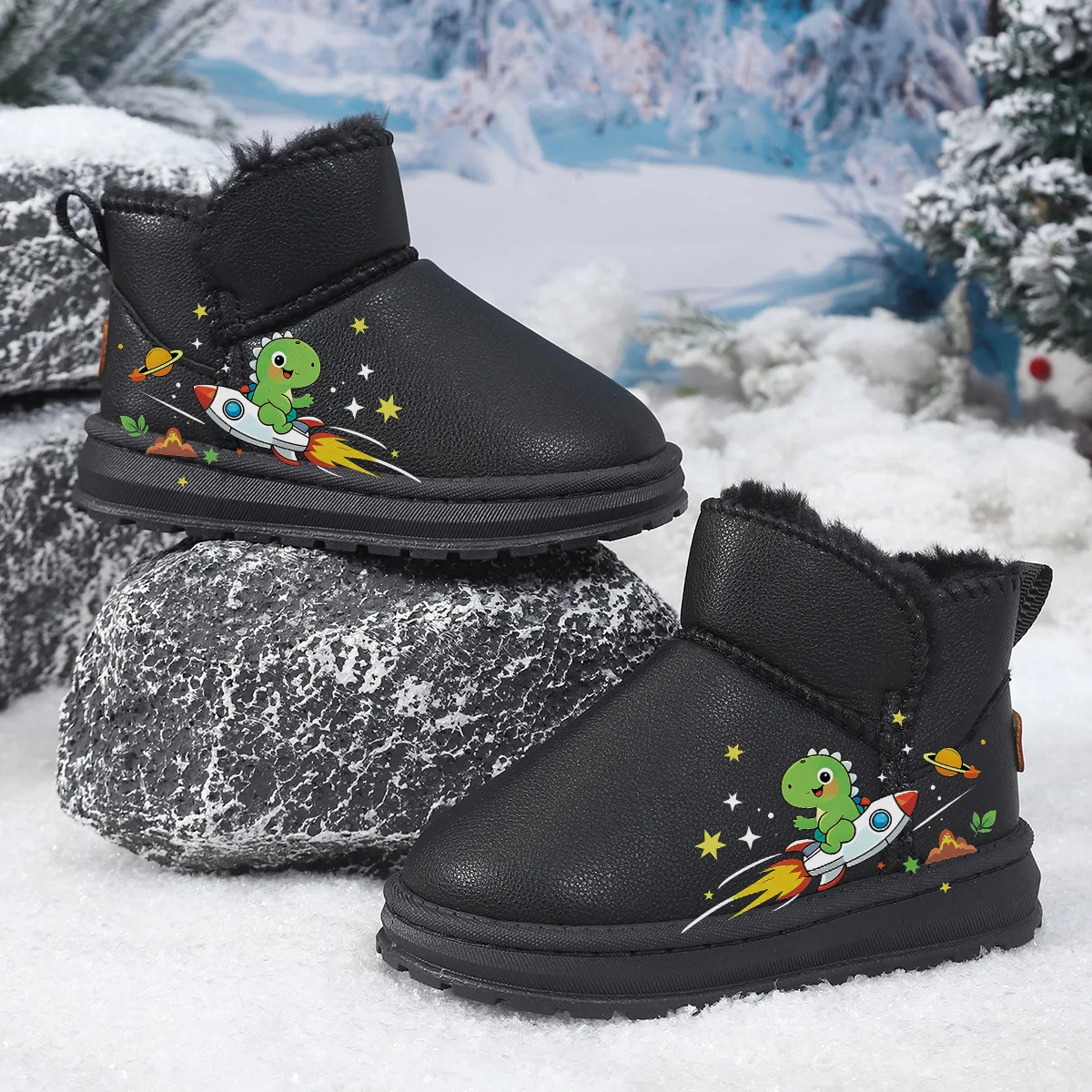 Children Winter Snow Boots Cute Dinosaur Print Black Plush Fleece Warm Non-Slip Rubber Sole Thick Ankle Booties for Boys Girls