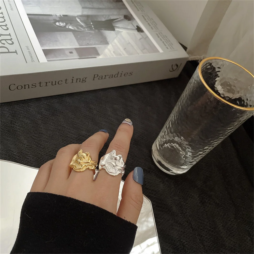 Gold Color Adjustable Open Ring For Women Trendy Pleated Irregular Geometry Concave Ring Fashion Jewelry Women Gift