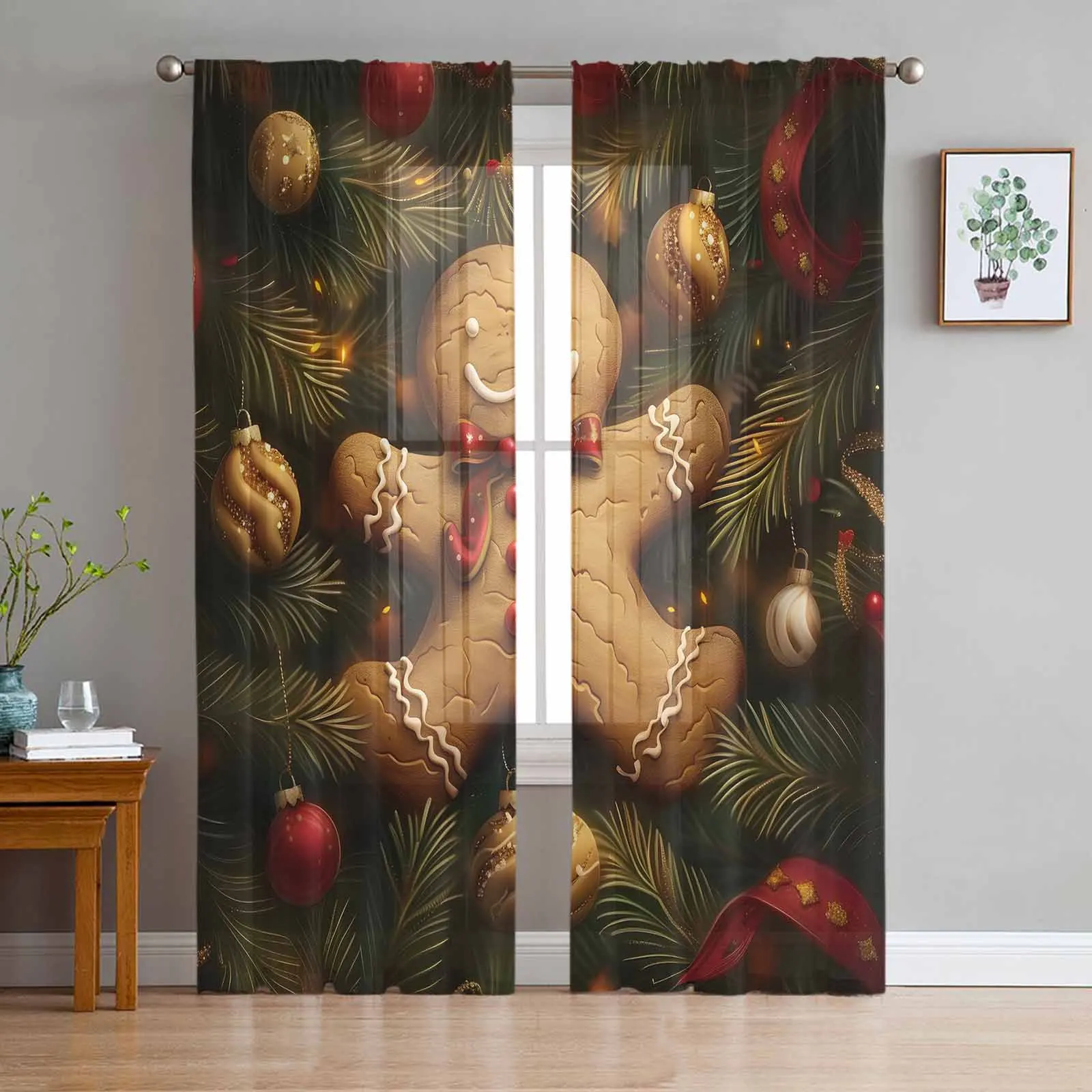 Christmas Pine Branch Gingerbread Man Curtains For Living Room Bedroom Home Decoration Window Voile Tulle Curtain Drapes