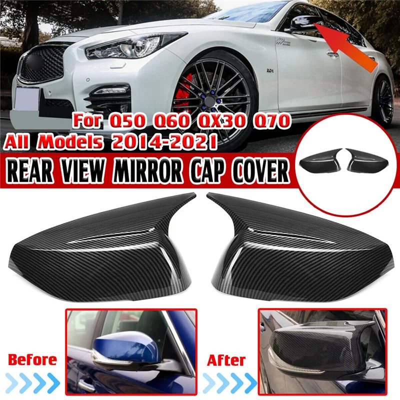 Carbon Fiber Look Horn Style Side Door Rearview Mirror Cover Trim Shells Cap for Infiniti Q50 Q60 2015-2023 M3 Style