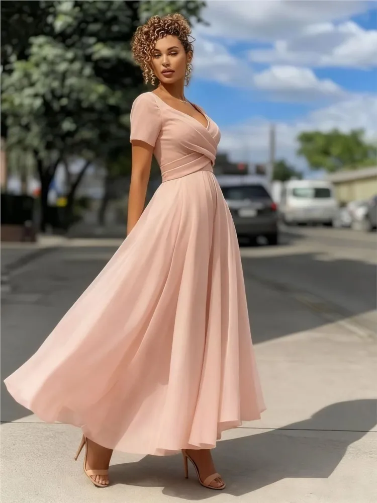 

Temperament Evening Dress A-line Dresses 2025 Woman Vestidos Solid Color Slim V-link Simple Style Trendy Banquet Sweet Gentle