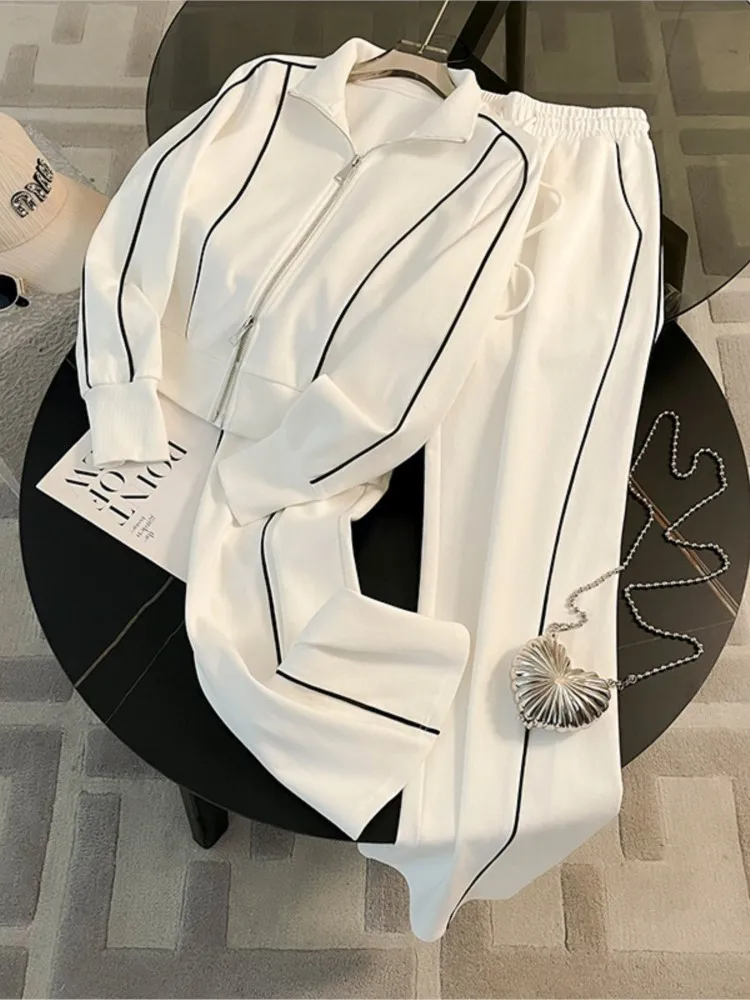 Woman's Color Blocking Sportswear Set Spring Autumn Fashion Flip Collar Zipper Coat Long Pants Two-piece Set Lady Leisure Outfit