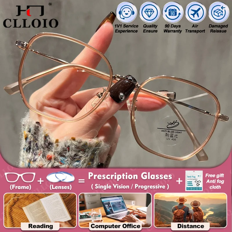 

CLLOIO Classic Women Myopia Photochromic Prescription Glasses Polygonal Frame Blue Light Blocking Progressive Reading Eyeglasses