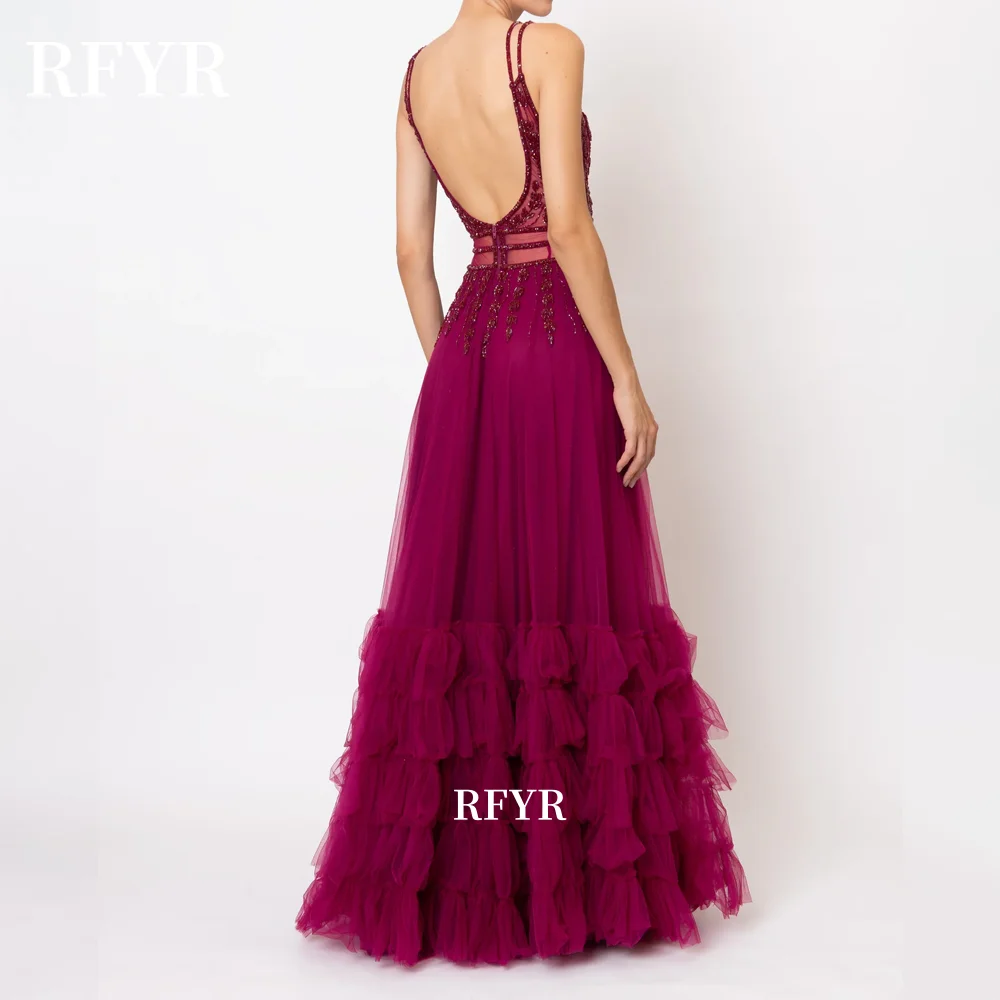 RFYR A Line Evening Gown Tulle Elegant Prom Dress Spaghetti Strap Wedding Evening Dress With Appliques Beading robes de soirée