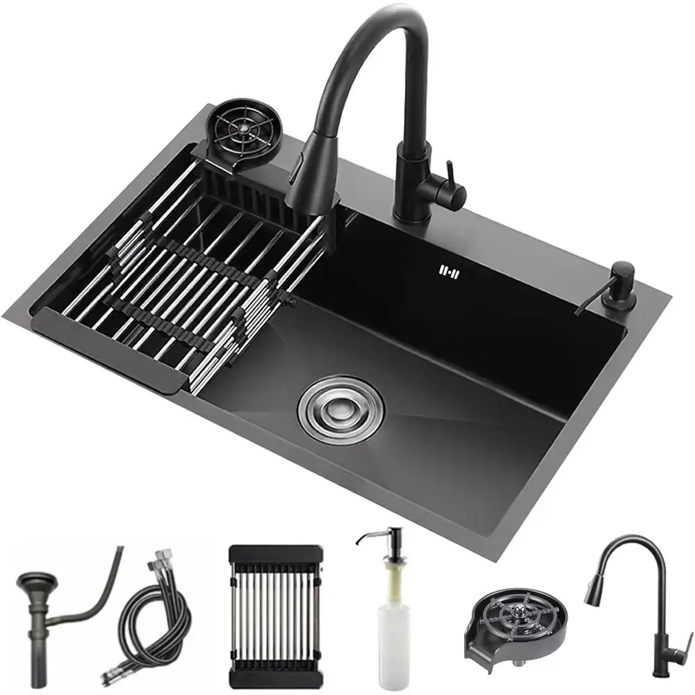 

Black Kitchen Sink with aucet, Top Mount/Drop-In 3 Hole Single Bowl StainlSteel Sink with Cup Washer, Soap Dispenser, Drainage k