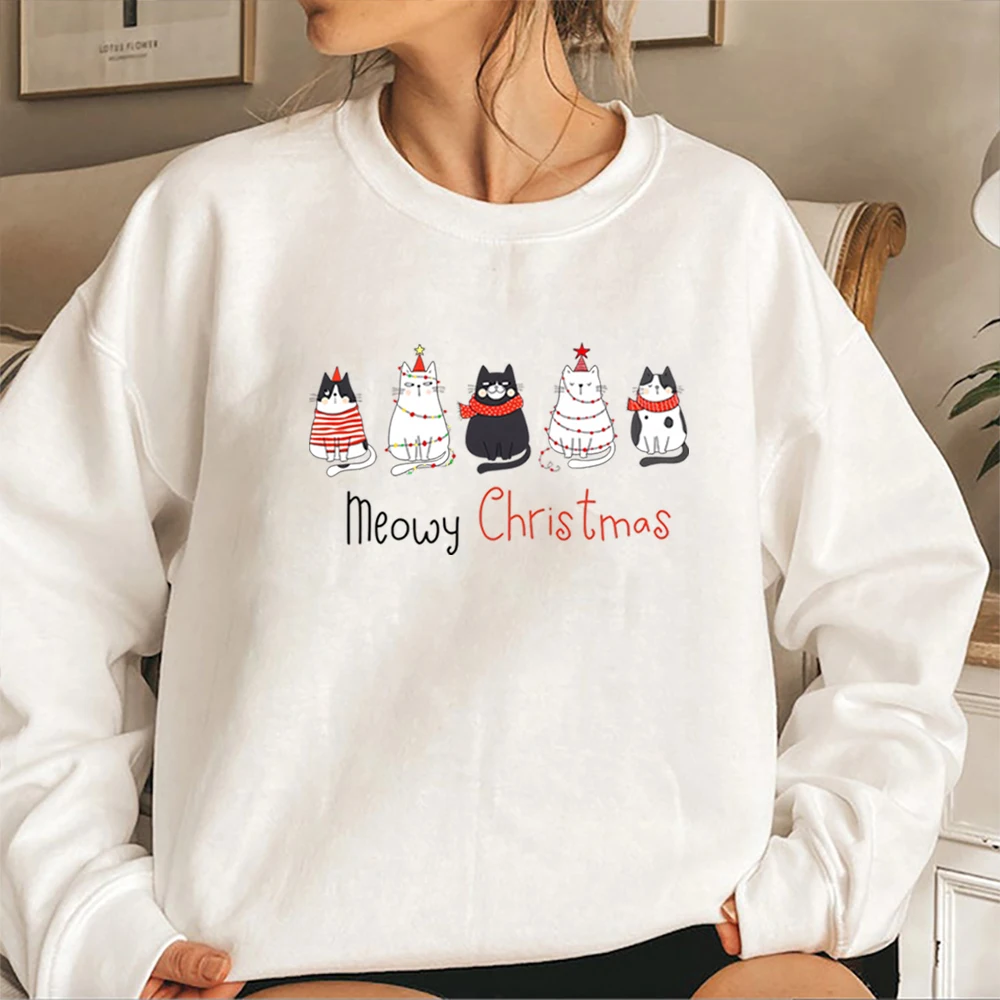 Meowy Christmas Sweatshirt Christmas Cat Merry Christmas Hoodie Cat Lover Sweater Cute Cat Cewneck Sweatshirts Gift for Cat Mom