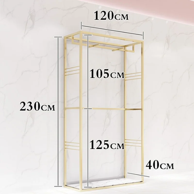 Custom, gold stainless steel garment display shelf hanging rack furniture for fashion retail clothing shop store