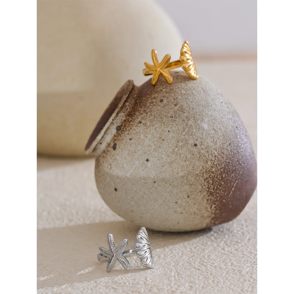 Yhpup Ocean Style Stainless Steel Metal Shell Starfish Adjustable Summer Ring for Women Beach Charm Finger Jewelry High Quality