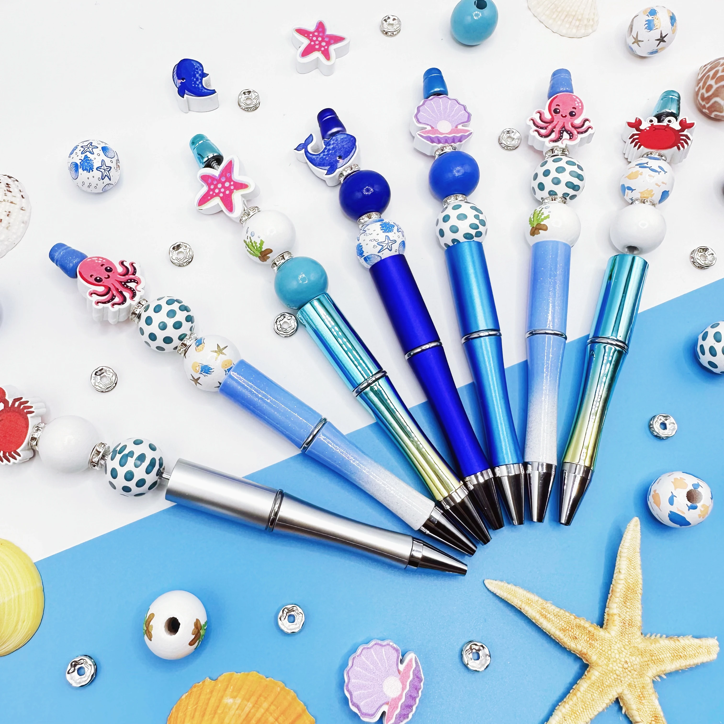 7個入り水中世界カニタコクジラヒトデ貝殻テーマDIYビーズボールペンと木製ビーズセットDIYビーズ用品