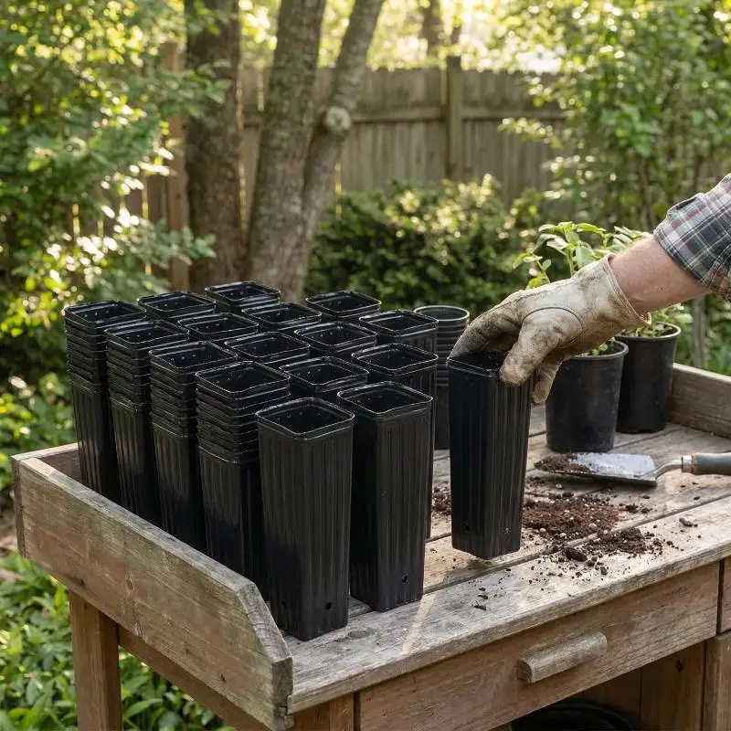 20Pcs Plastic Deep Nursery Pots Treepots With Ventilation And Drainage Black Square Seed Starting Pots Flower Plant Containers
