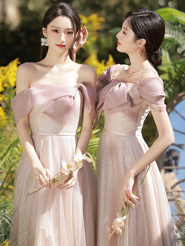 Bow Pink Bridesmaid Dress Women Fashion Off The Shoulder Sequins Stars Tulle Gown Wedding Party Sisters Banquet Formal Dress