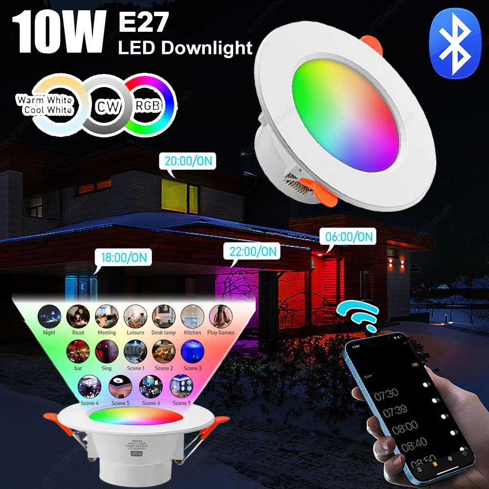 10W RGB Bluetooth LED Downlight E27 Recessed Ceiling Lamp 2700K-6500K 16-Color Dimmable Round Panel Spot Light for Smart Home