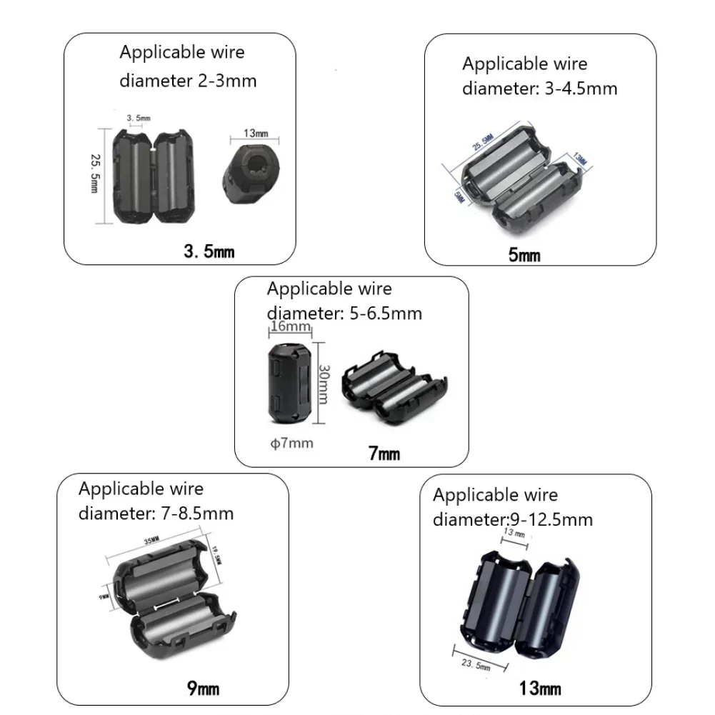 5X3.5/5/7/9/13mm Toroidal Core Ferrite Bead Clip Choke E&MI RFI Noise Filter Clip Choke Noise Filter For USB Firewire Phone