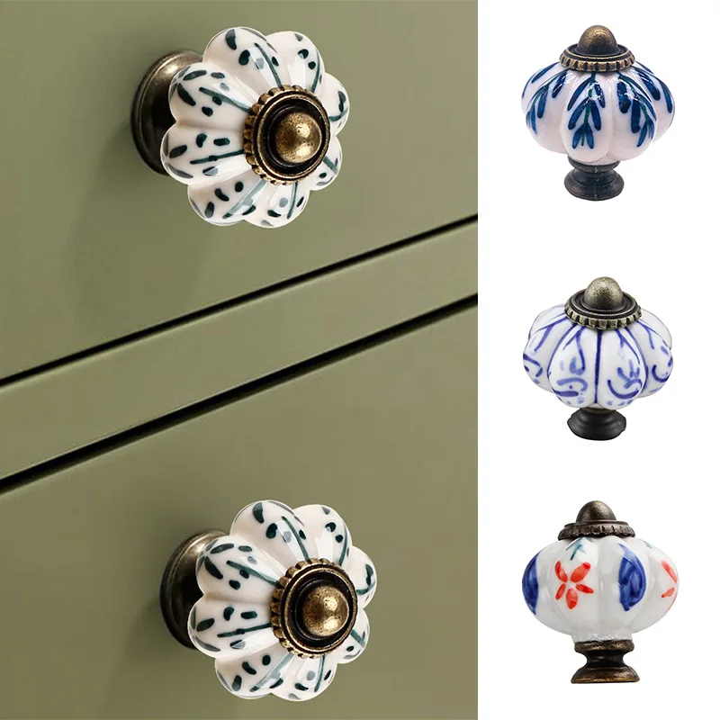 1Pc Vintage Classical Ceramic Handle Blue White Porcelain Wardrobe Door Cabinet Drawer Handle Furniture Hardware Accessories