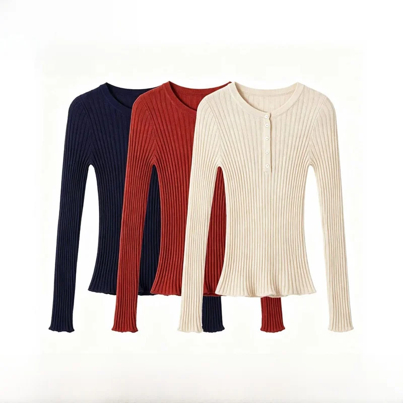 Early Autumn New Women's Long Sleeve Knitted Sweater Multi-Color Buttons ZR Style Fashionable Casual Polyester Fiber round Neck
