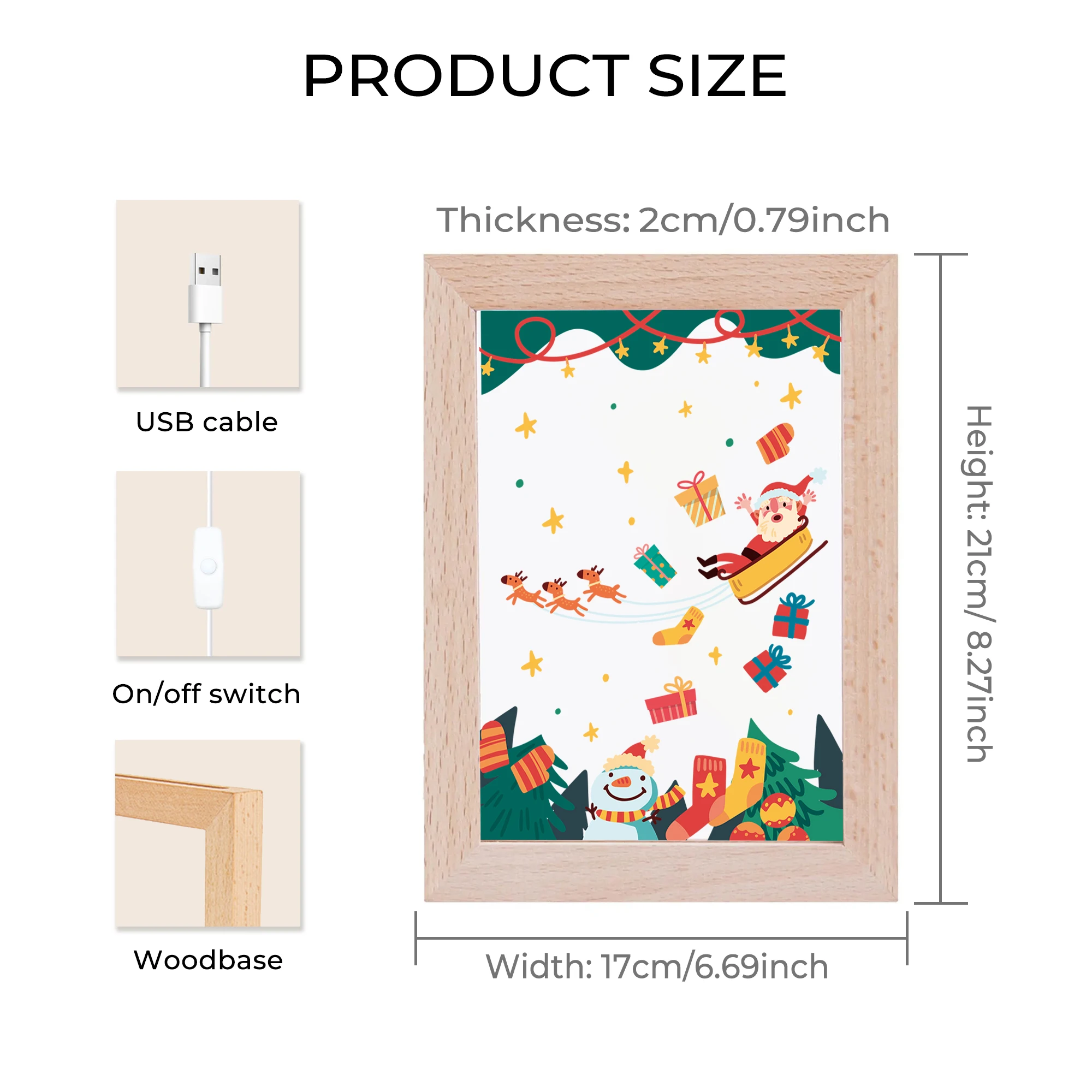 2D شقة سانتا مزلقة LED الاكريليك ليلة ضوء الخشب إطار صور 21x17 سنتيمتر الكرتون الأطفال عيد الميلاد غرفة نوم هدايا ديكور المنزل #6