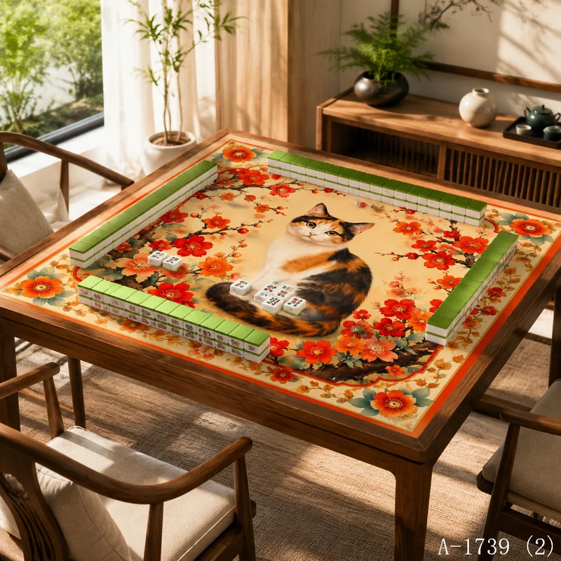 VIKAMA Orange Cat Chrysanthemum Mahjong Table Mat Non Slip Square Game Pad Vintage Chinese Style Game Table Decor Cover