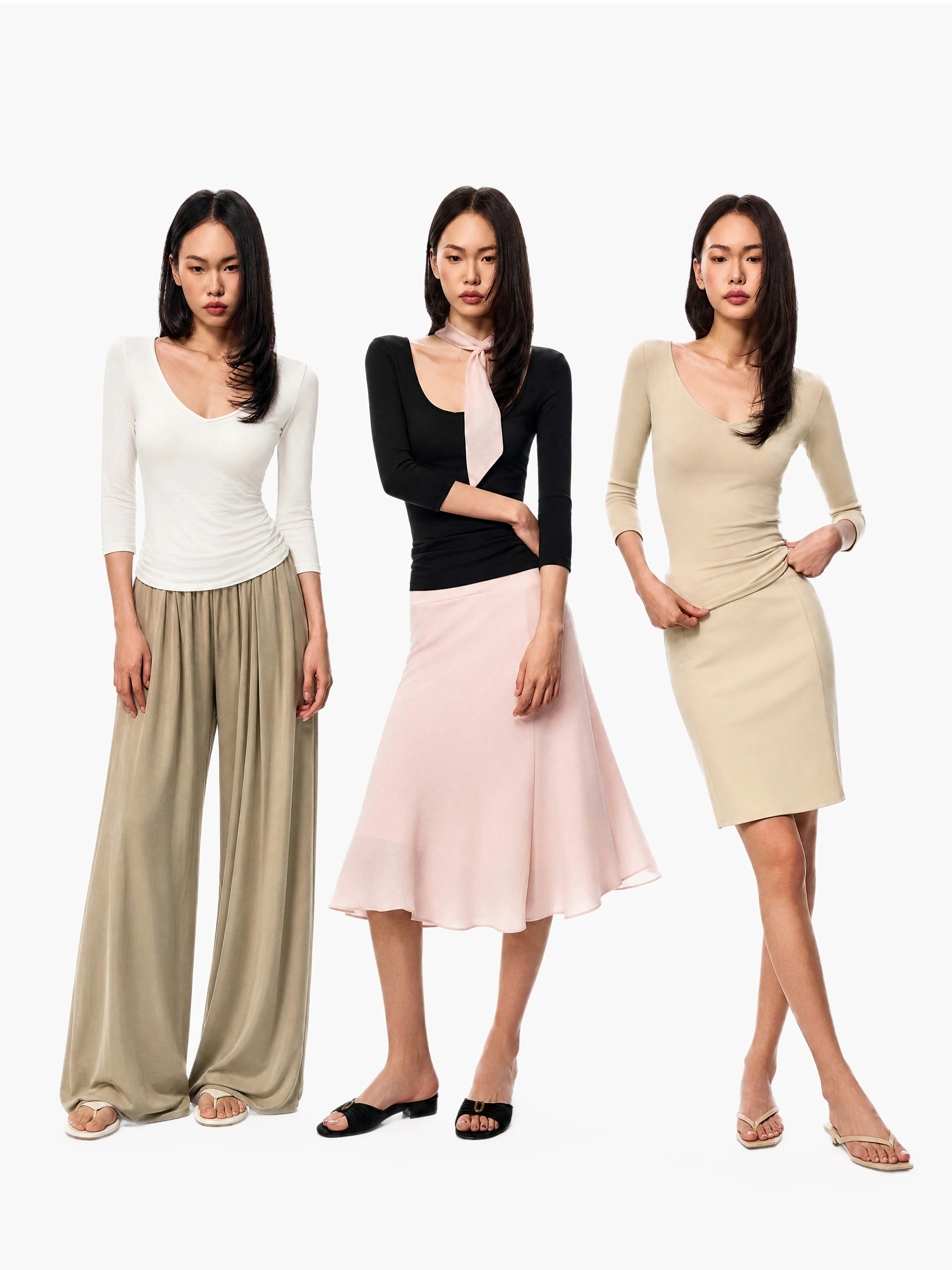 GO GO BURN American Style Pure Color V-neck 7/8 Sleeve T-shirt Women's Fashionable Versatile Slim Fit Basic Top