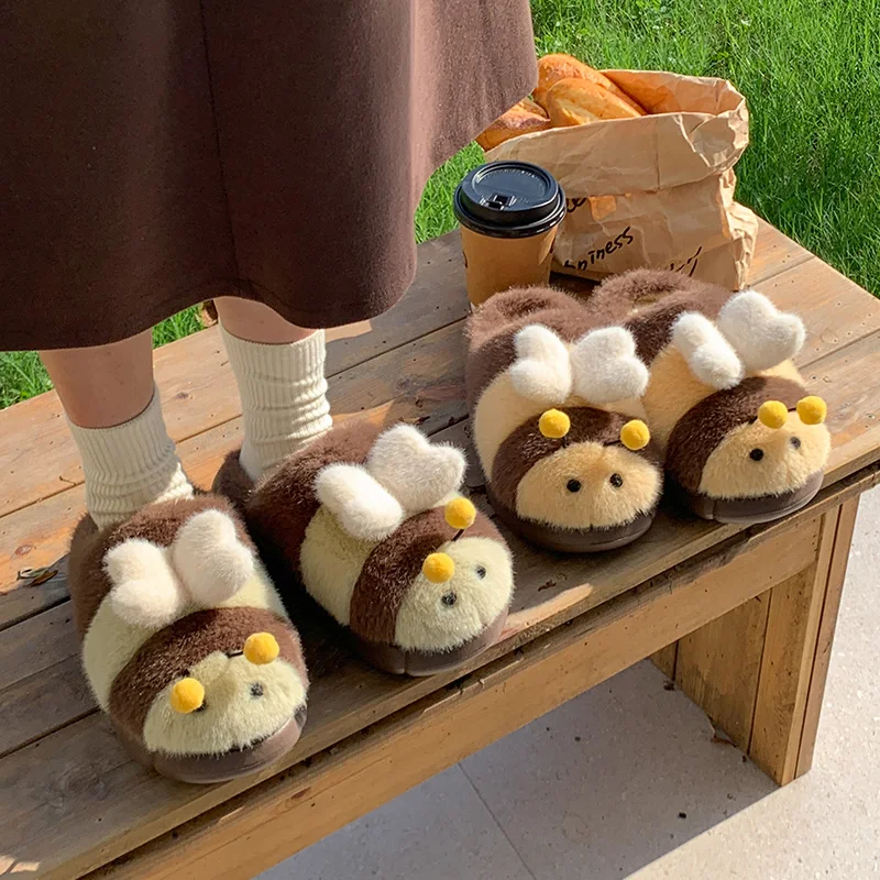 Cute Little Bee Slippers For Women Winter Warm Plush Fur House Shoes 3D Heart Wings Thick Platform Anti-Skid Indoor Home Bootie view 4